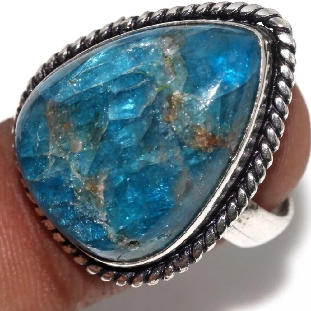 Blue Apatite 925 Silver Plated Natural Gemstone Handmade Ring US Size 8 Unisex